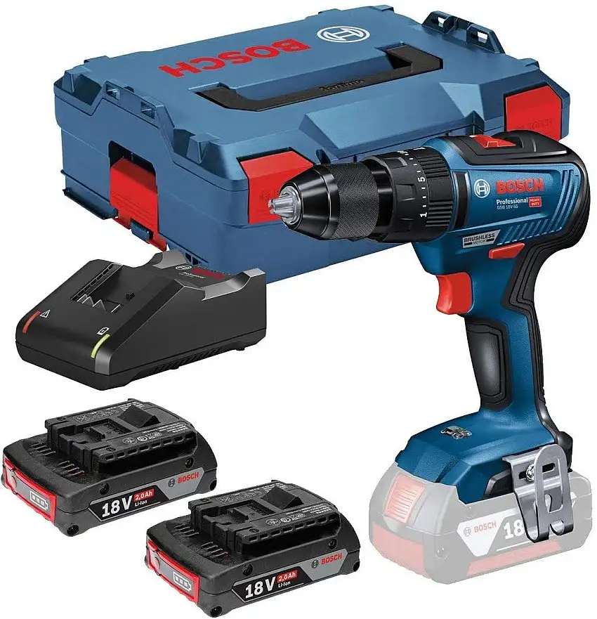 Bosch Professional - Perceuse à Percussion sans fil GSB 18V-55 Brushless + 2 batteries GBA 2Ah + chargeur rapide + L-Boxx - 06019H5305