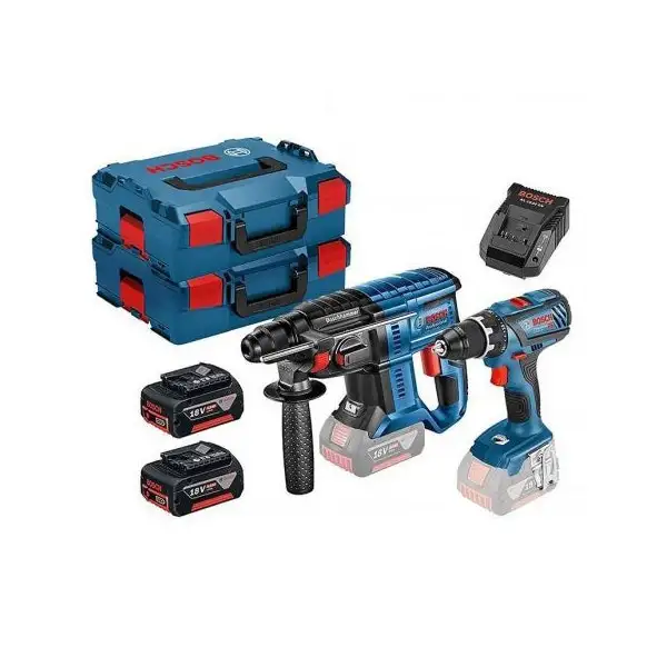 Bosch Professional - Pack 2 outils 18V : perforateur SDS-Plus GBH 18V 2J + perceuse-visseuse GSR 18V 63Nm + chargeur rapide + 2 batteries 4Ah + 2 coffrets L-Boxx - 0615990M0R
