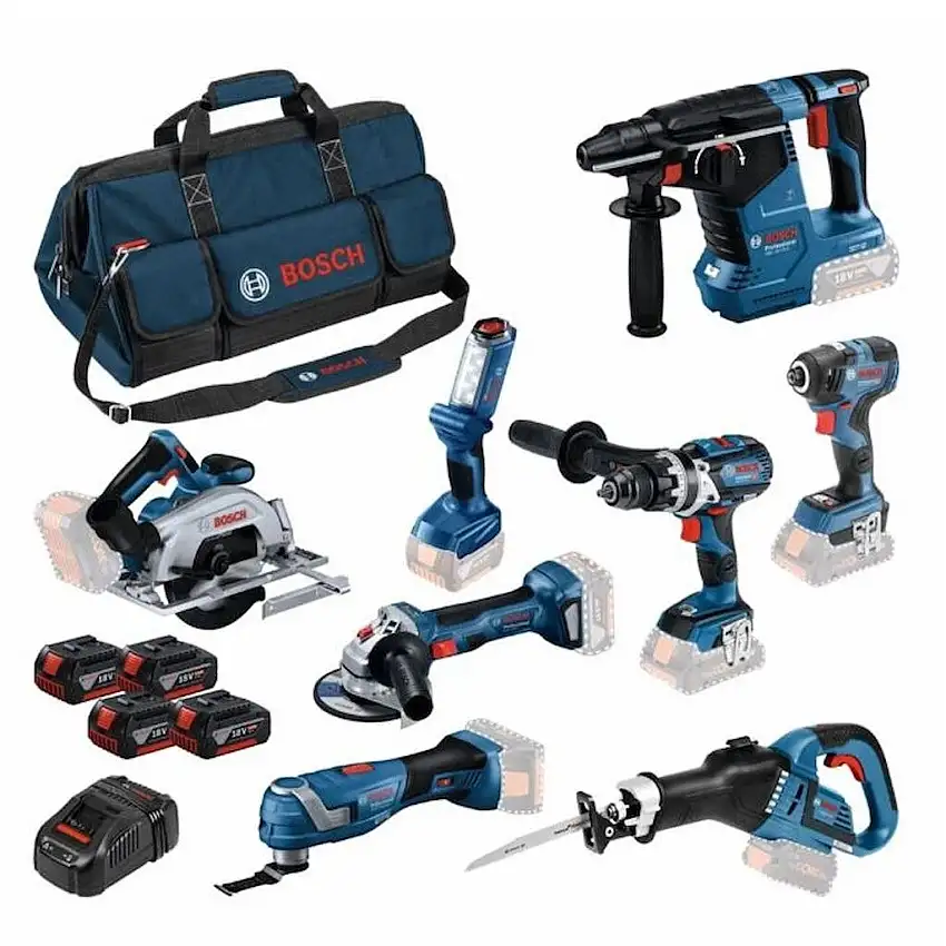 Bosch Professional - Kit 8 outils 18V : perforateur + perceuse percussion + meuleuse d'angle + scie circulaire + scie sabre + outil multifonction + visseuse à chocs + lampe + 4 batteries 5Ah + chargeur + sac - 0615A5004A
