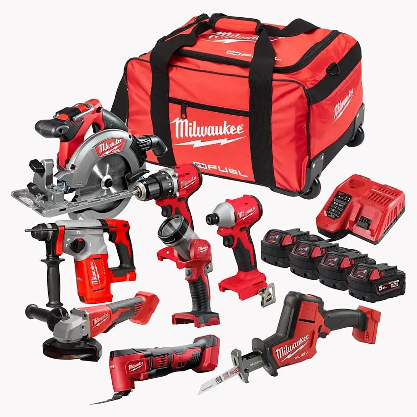 Milwaukee - Pack 8 outils 18V Brushless / FUEL + 4 batteries 5Ah + Sac à roulettes - 4933500111