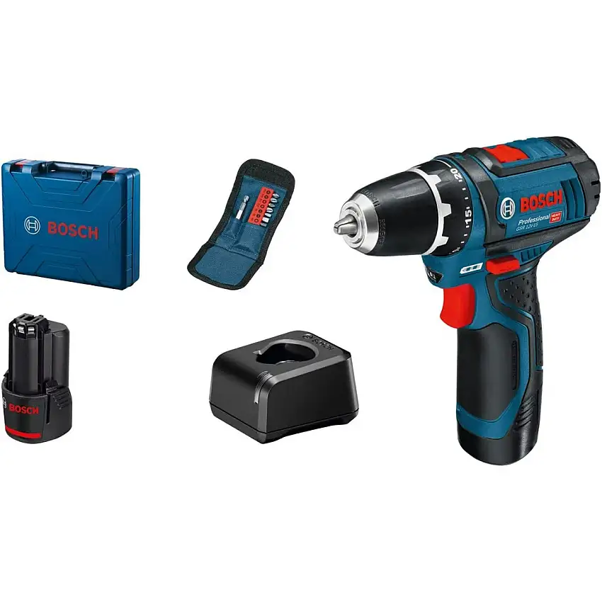 Bosch Professional - Perceuse-visseuse sans fil GSR 12V-15 Professional 12V + 2 batteries 2Ah + 1 chargeur rapide + coffret + set de 10 embouts - 060186810G