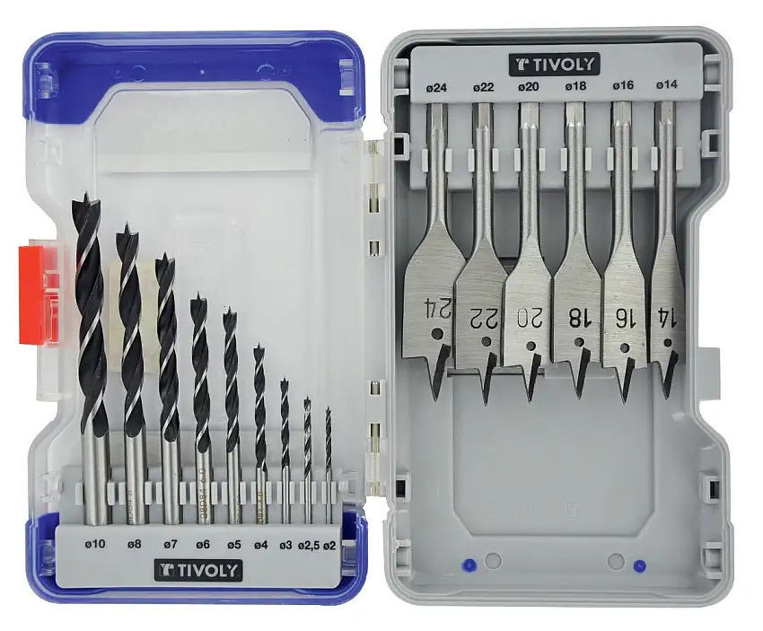 Tivoly - Coffret 15 pièces - 9 forets bois 3 pointes 2 à 10mm + 6 mèches bois plates 14 à 24mm - 10802470001